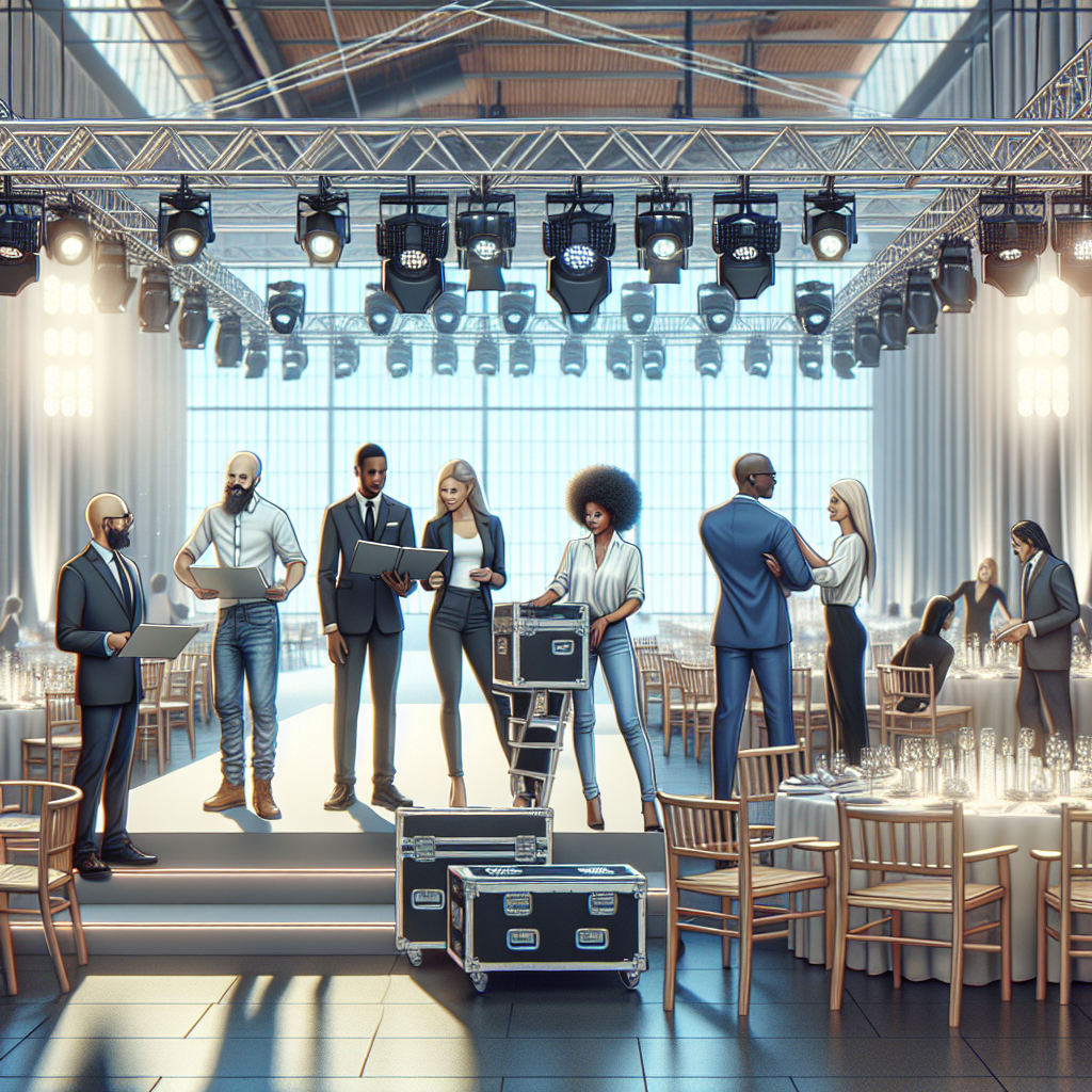 Professional event lighting team at work